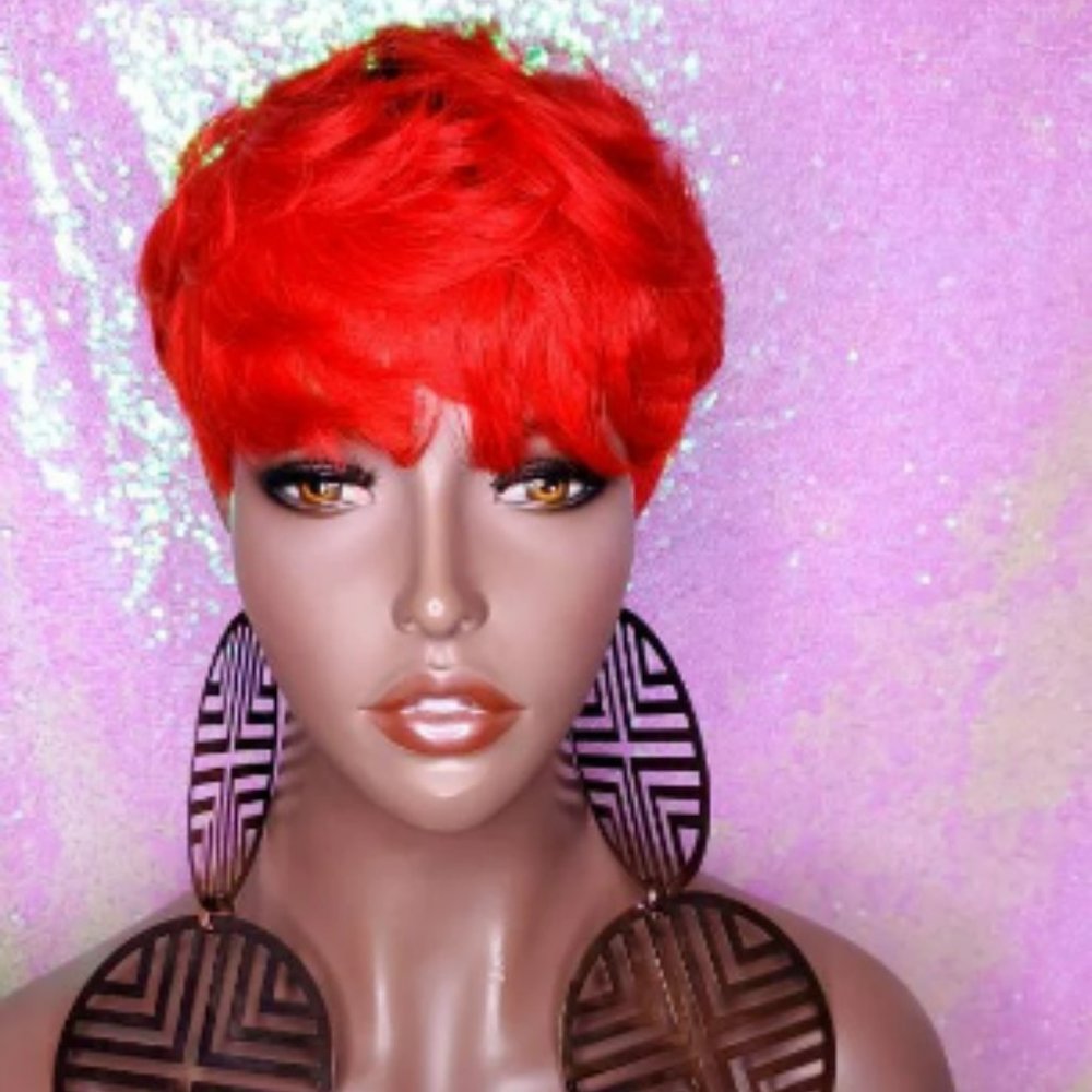 Red Hair Pixie Cut Peruvian Remy Human Hair Glueless Wig